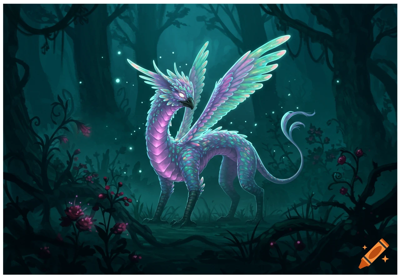 A vibrant, iridescent winged dragon-like creature with glowing scales stands in a dark, magical forest with subtle light and plants.