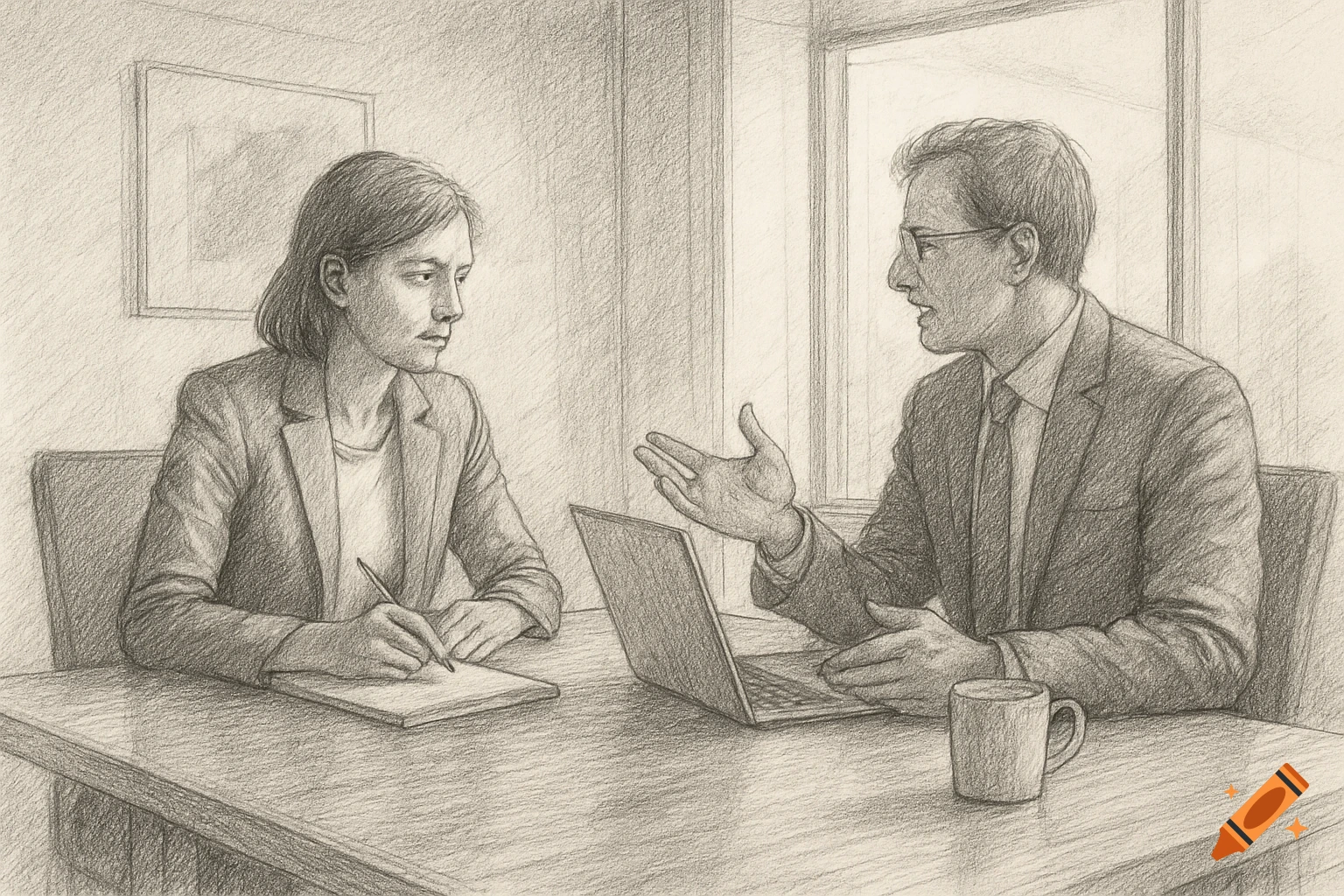 Pencil sketch of two people having a meeting in an office, one gesturing, the other taking notes.
