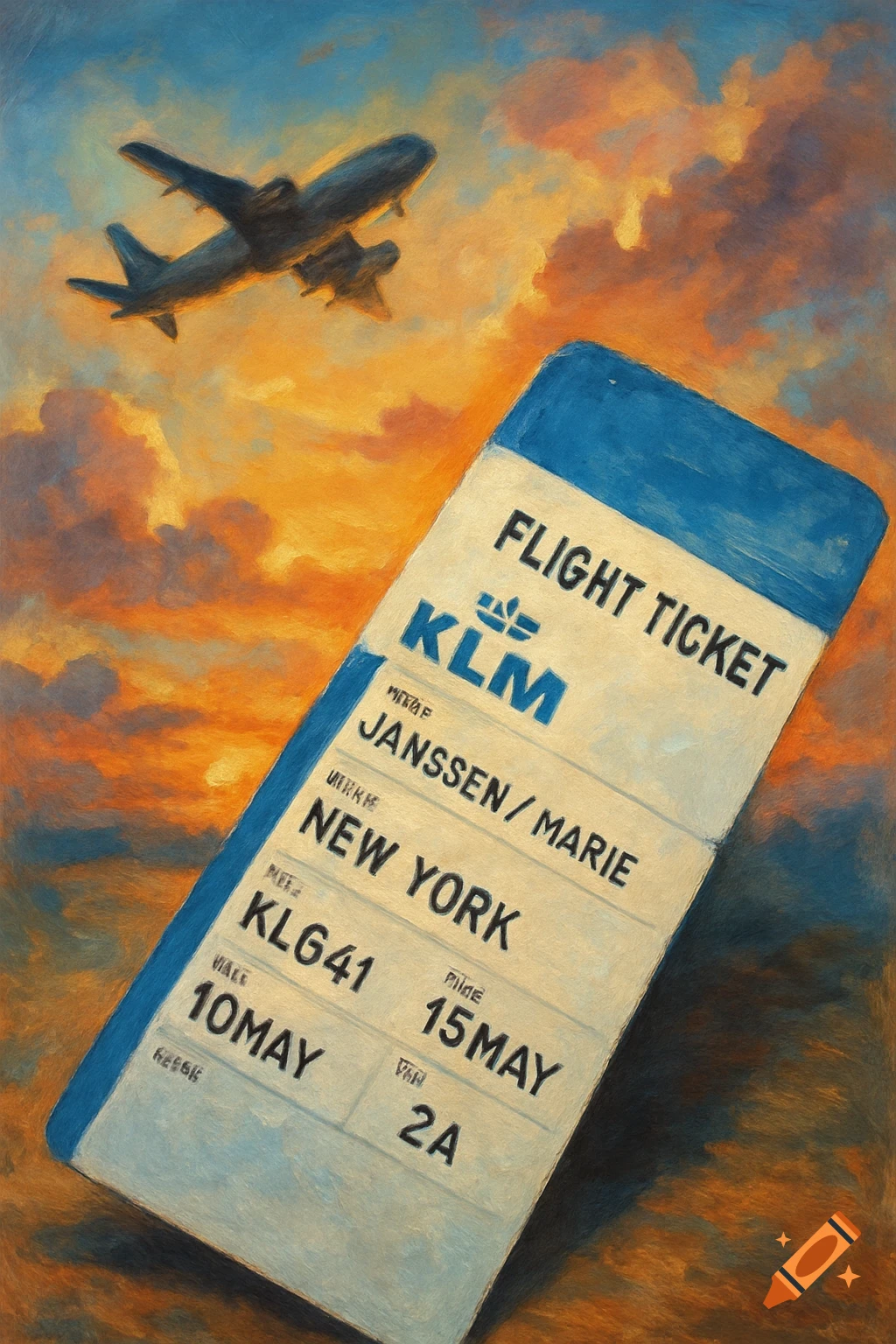 Painterly depiction of a KLM flight ticket with "NEW YORK" as a destination, an airplane flying against an orange and blue sunset sky.