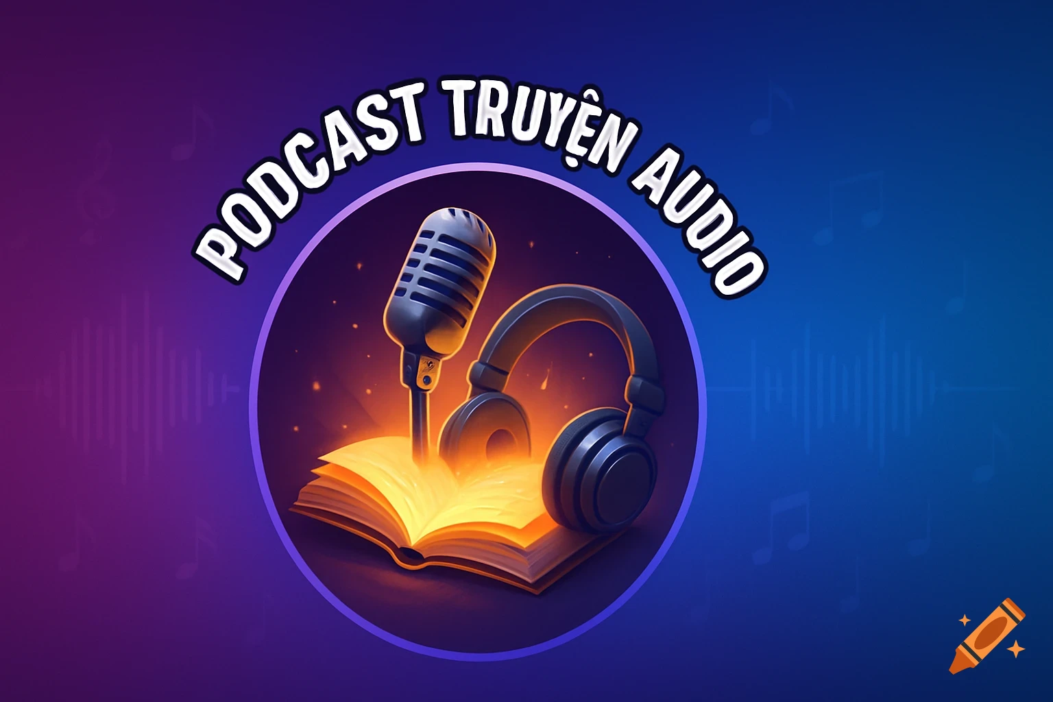 A stylized circular logo features a microphone, headphones, and an open book with glowing pages on a purple to blue gradient background with sound waves. The text "PODCAST TRUYỆN AUDIO" is arched above the logo.