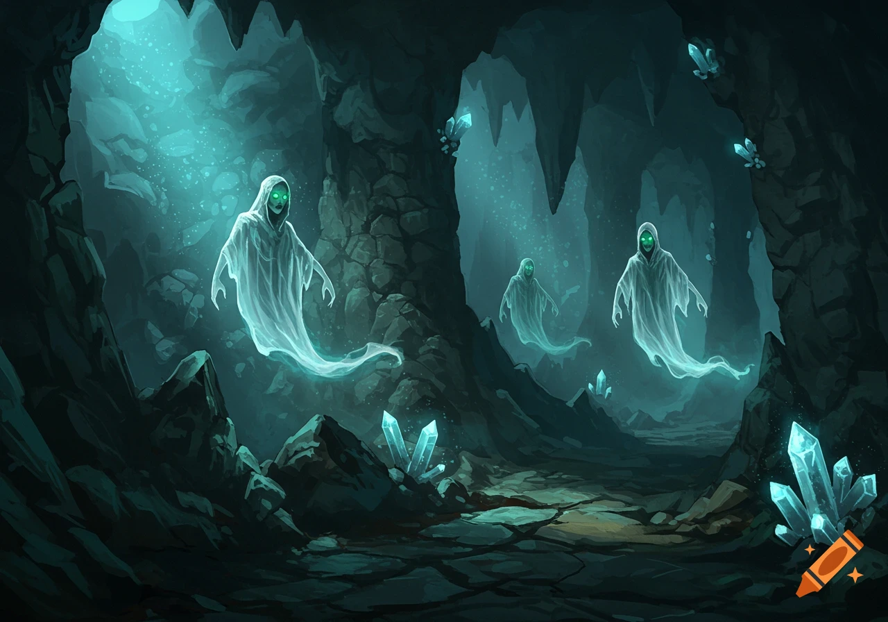 Translucent, hooded ghosts with glowing green eyes float in a dark, mysterious cave filled with luminous blue crystals.