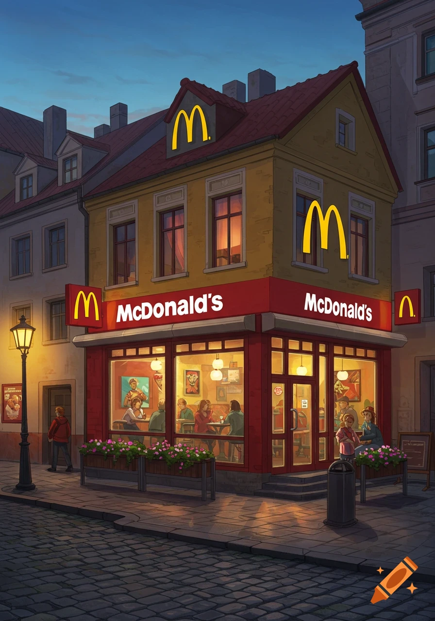 An illustrated street view of a McDonald's restaurant at dusk, with people dining inside and warm lights glowing.