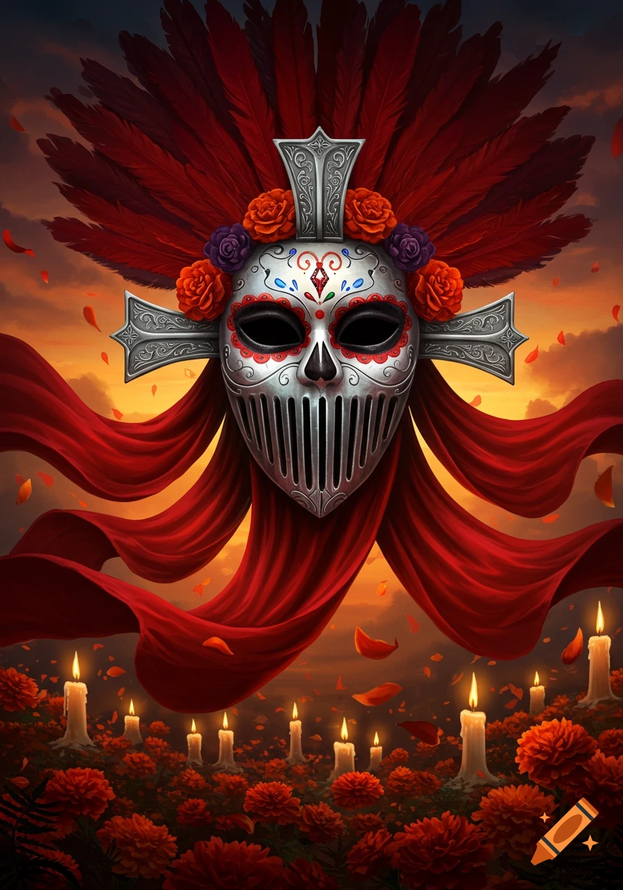 Day of the Dead mask with knight visor, red feathers, and flowers, surrounded by billowing crimson fabric, marigolds, and lit candles at sunset.