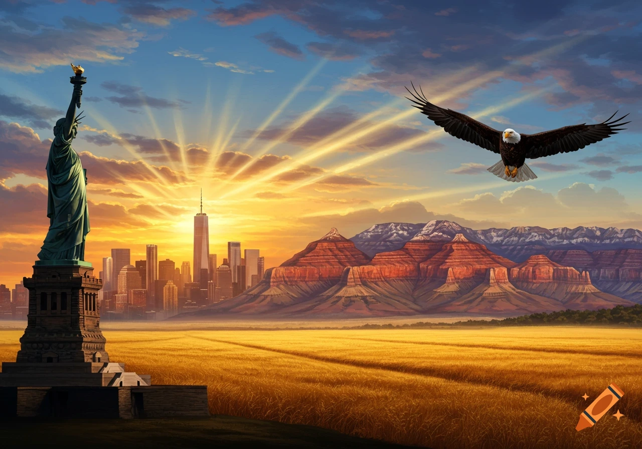 Statue of Liberty, New York City skyline, golden fields, and mountains under a vibrant sunrise with a bald eagle flying.