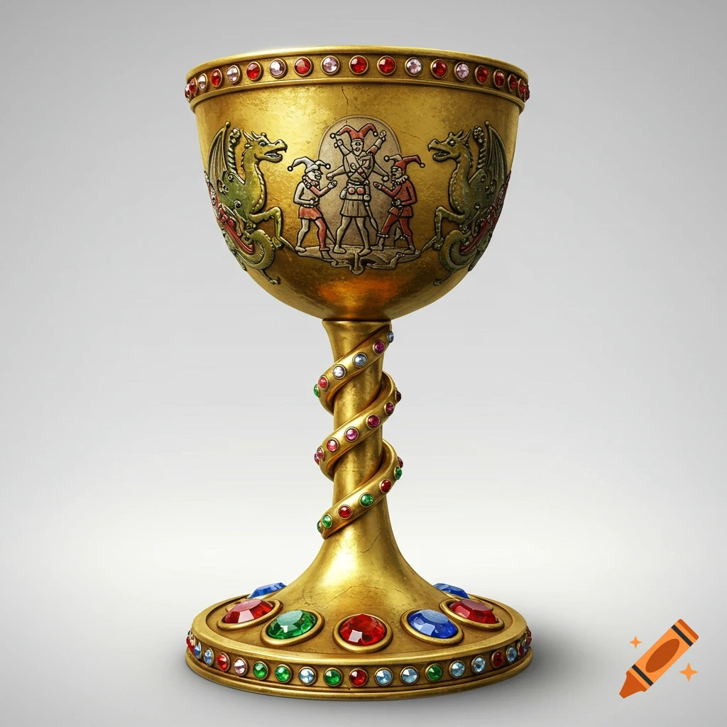 An ornate golden goblet decorated with jesters, dragons, and colorful jewels, with a twisted stem.