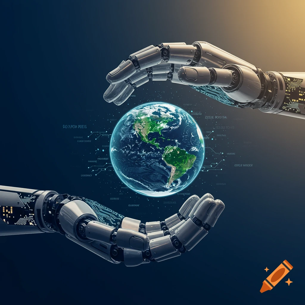 Robotic hands gently cradle planet Earth against a dark, technological background, symbolizing AI's role in global matters.