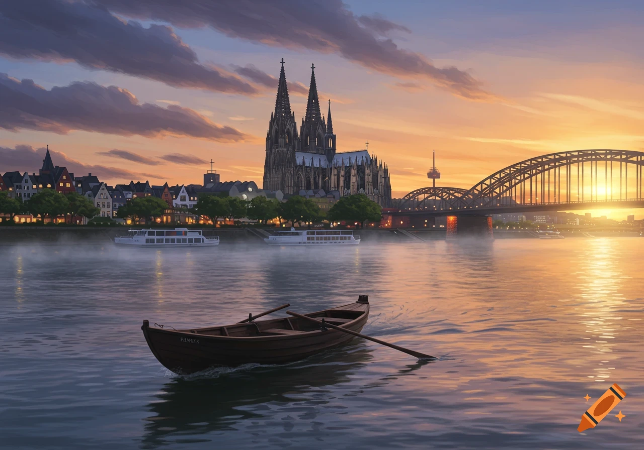 Photorealistic painting of Cologne Cathedral and Hohenzollern Bridge at sunset, with a rowboat on the Rhine river.