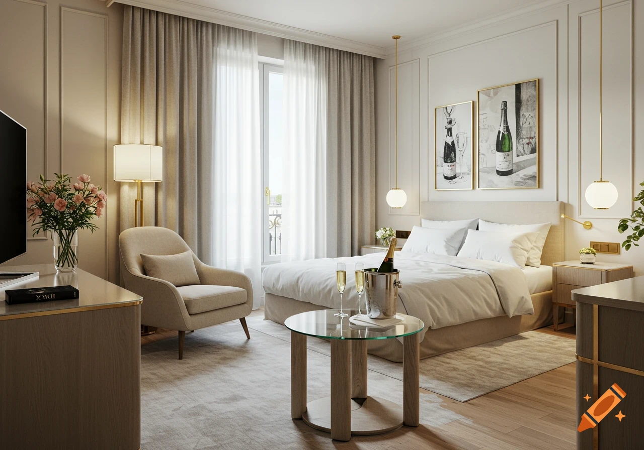 Luxurious hotel room with a queen-size bed, beige armchair, and a glass table with champagne, rendered in a photorealistic style.