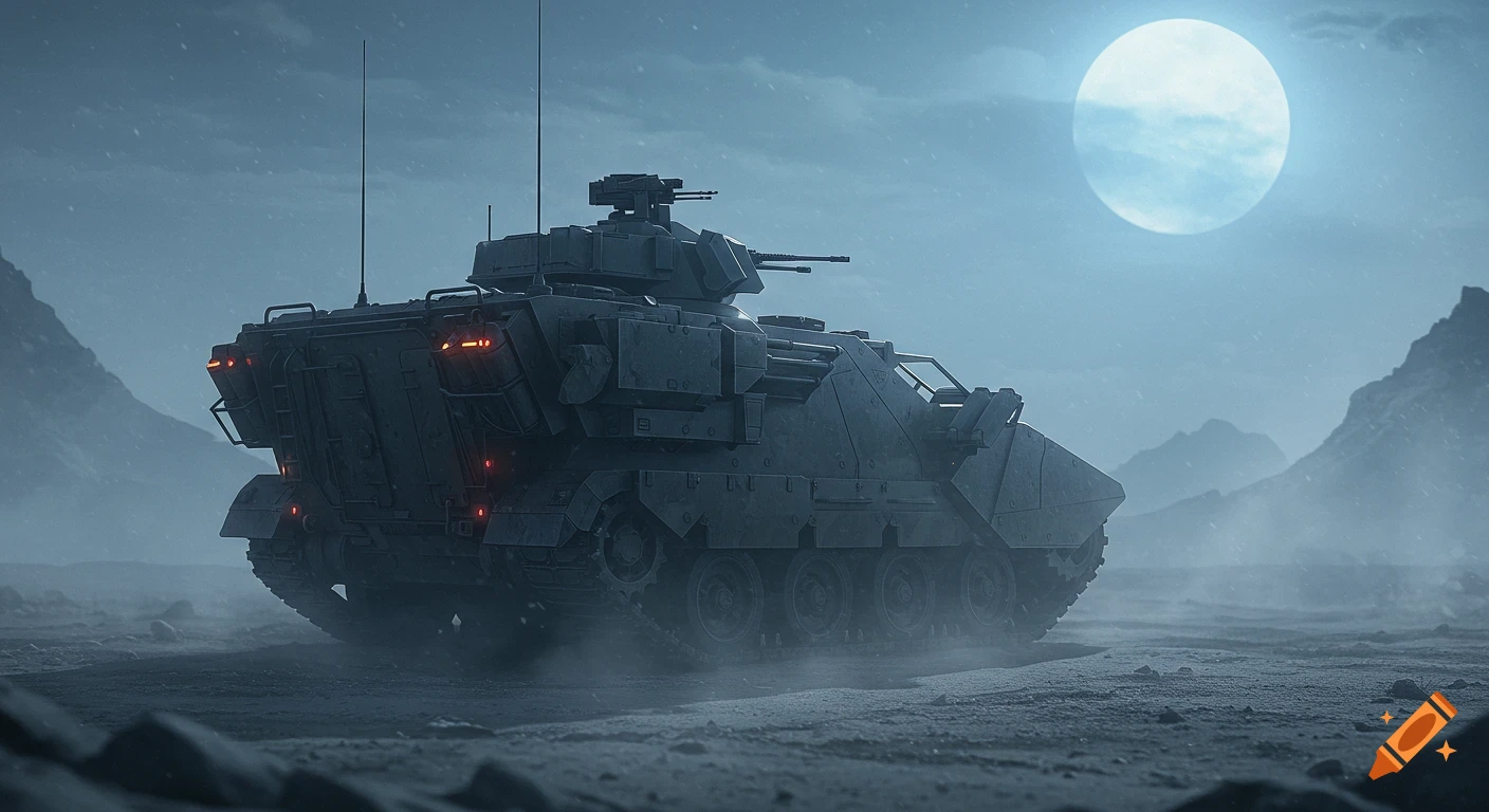 A dark, futuristic armored personnel carrier with red lights sits on a desolate, snowy landscape under a large, glowing moon.