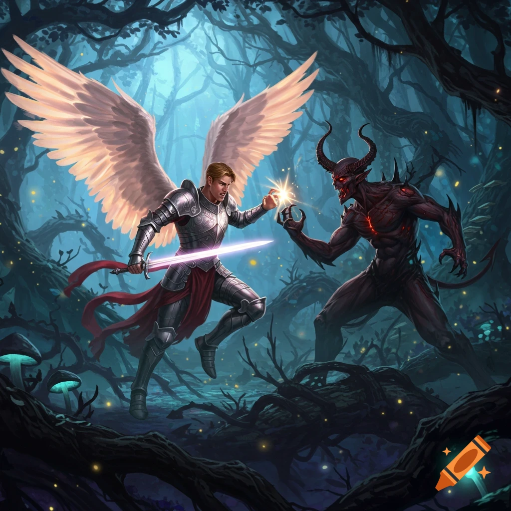 A male angel in shining armor with large wings battles a red-skinned, horned demon in a dark, glowing forest.