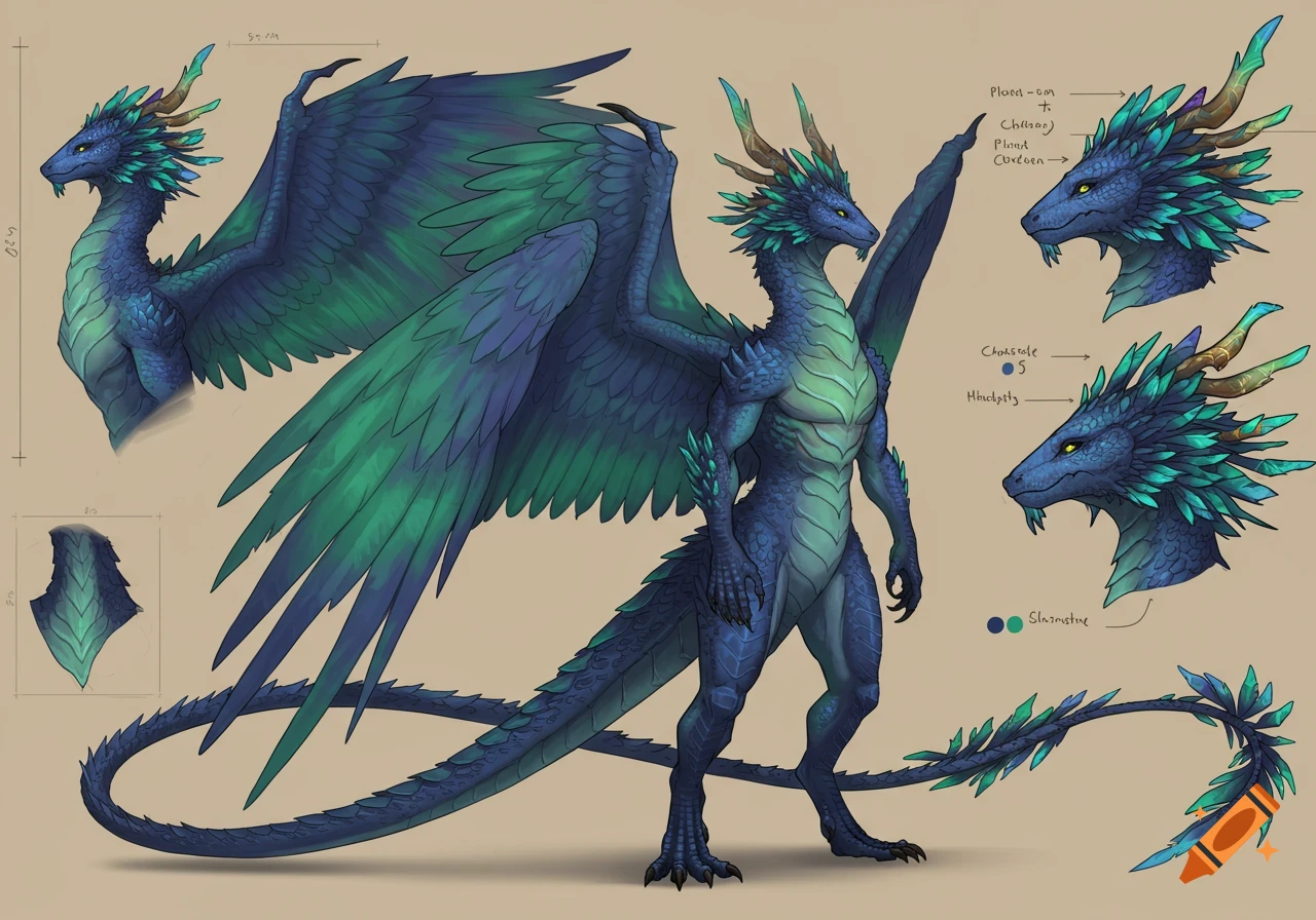 A detailed reference sheet of a blue and green winged dragon-like creature with golden horns, showing its full body and head details.