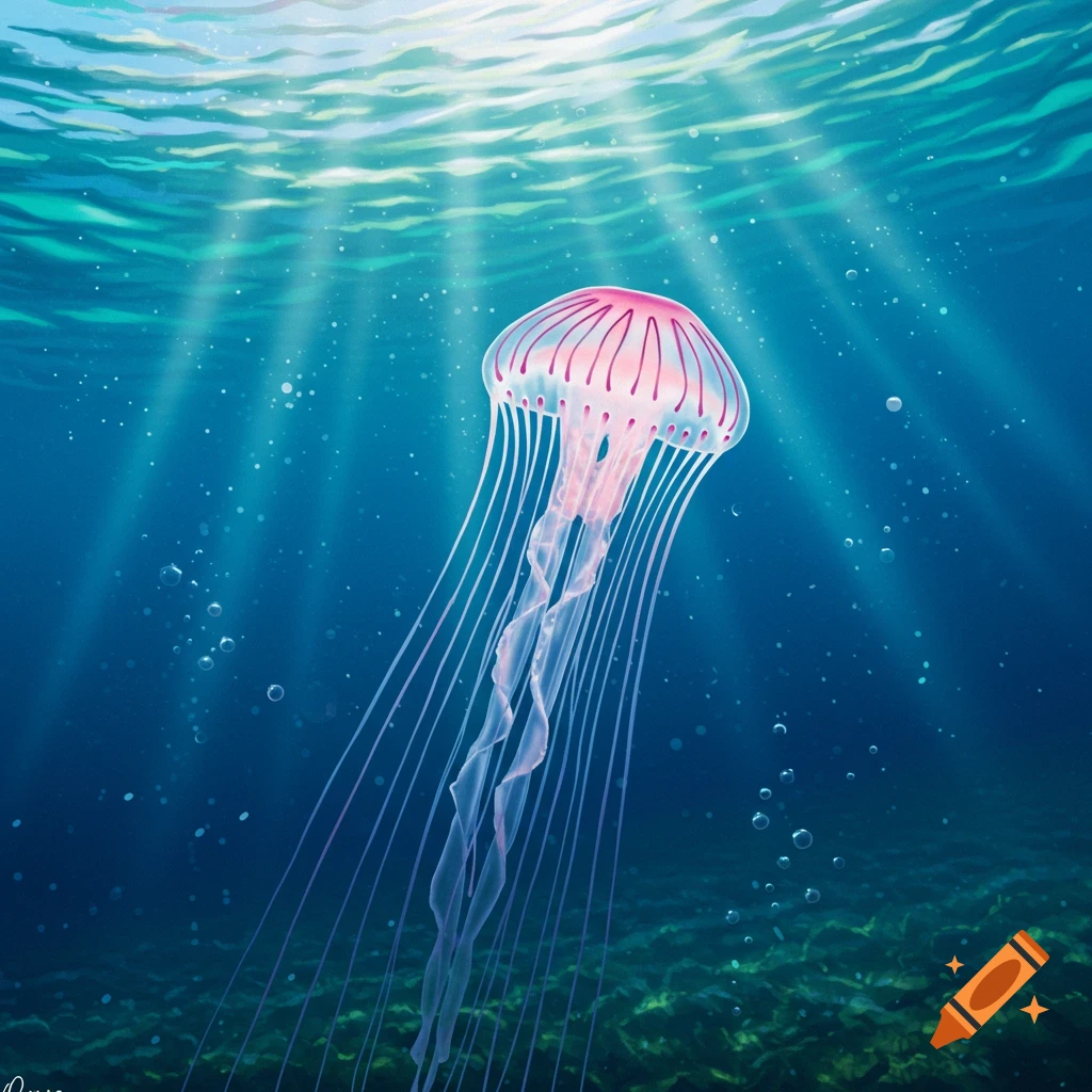 A pink and white striped jellyfish swims in the clear blue ocean with sun rays streaming from the surface.