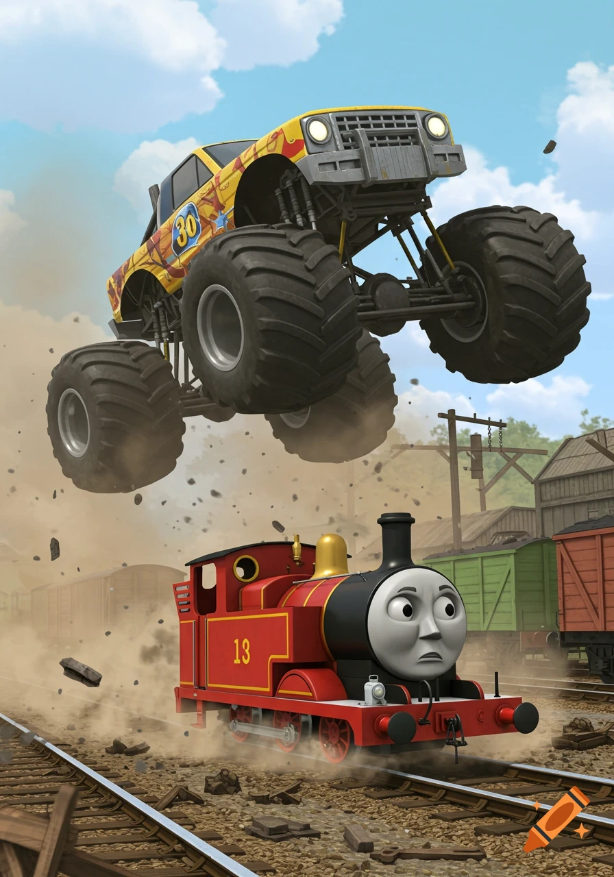 A cartoon monster truck with '30' on its side jumps over a red train with '13', kicking up dust.