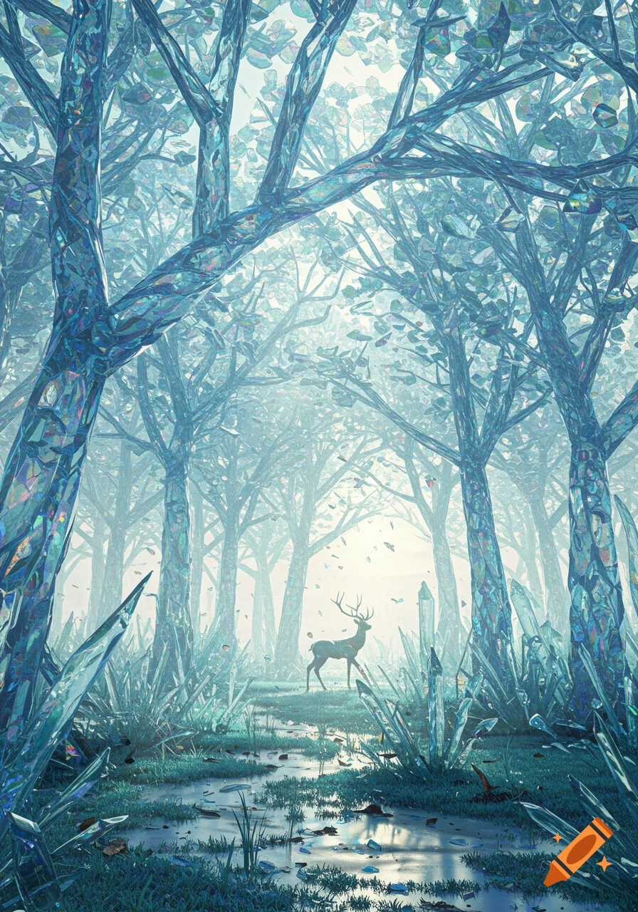 A majestic deer stands in an ethereal forest of sparkling, blue-green crystal trees and shimmering ground foliage.