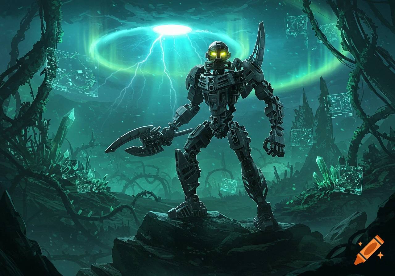A dark Bionicle-like robot with glowing yellow eyes stands in a glowing teal underground cavern with crystals and holographic displays.