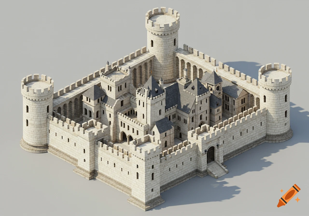 An isometric render of a detailed medieval castle with white stone walls, towers, and a main gate.
