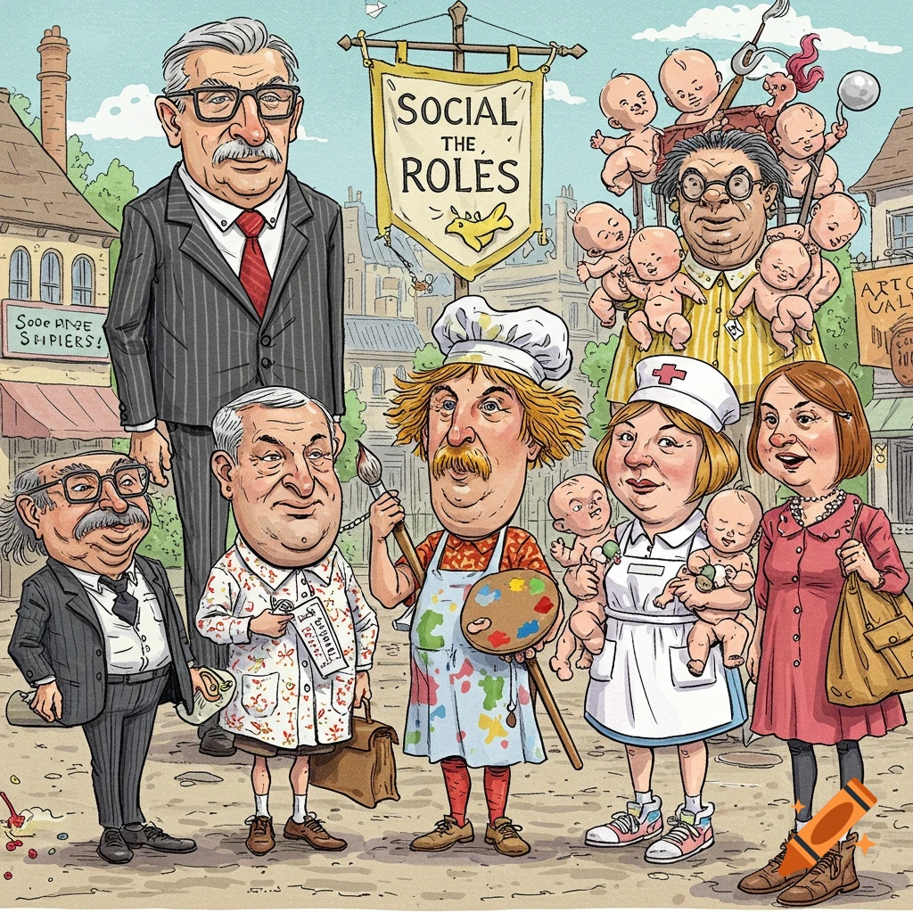 A crowded, cartoonish illustration depicting various caricatured adults representing social roles, with a banner overhead reading "SOCIAL THE, ROLES."