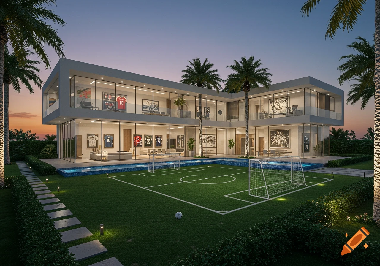 Photorealistic image of a modern luxury house with a private soccer field and swimming pool at sunset, surrounded by palm trees.