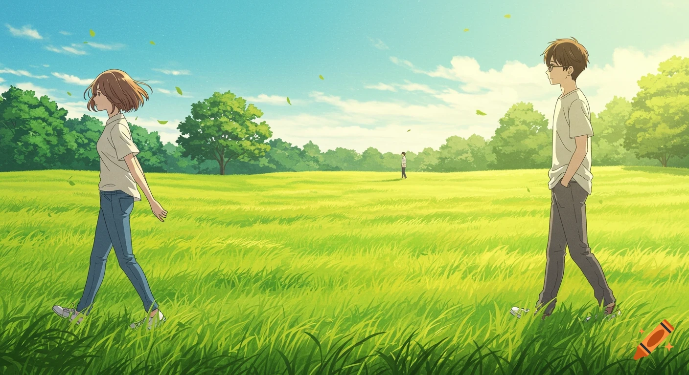 Anime illustration of a young man and woman walking in a bright green field with scattered trees under a blue sky.