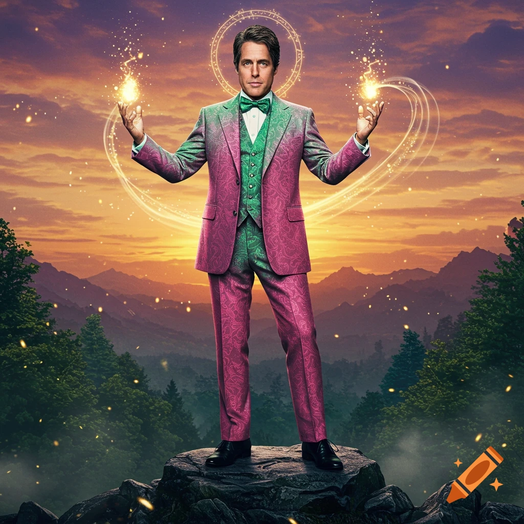 Hugh Grant as a sorcerer in a pink and green suit, holding glowing orbs, on a rock at sunset.