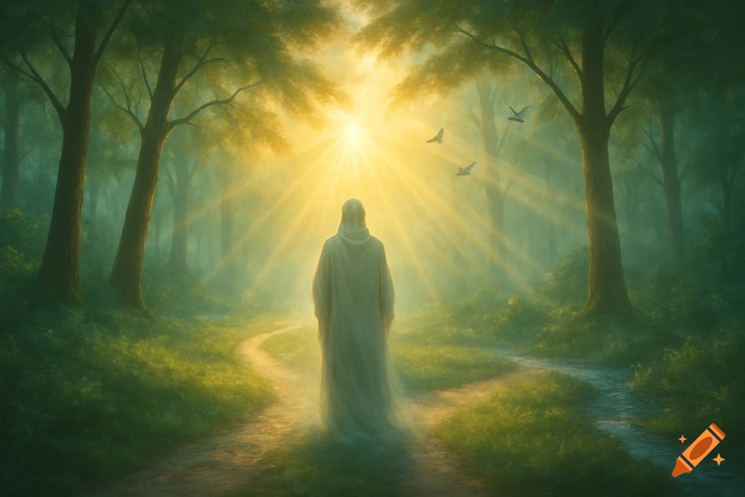 A robed figure stands on a path in a sunlit, mystical forest, facing a bright light with birds flying.