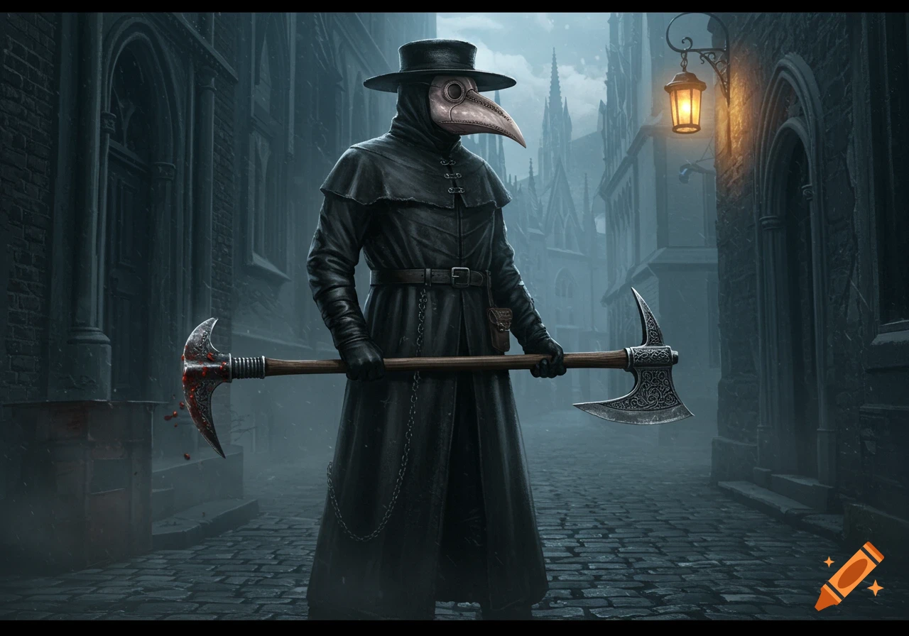 A dark fantasy illustration of a plague doctor in a black coat and hat, holding a bloody axe on a misty gothic street.