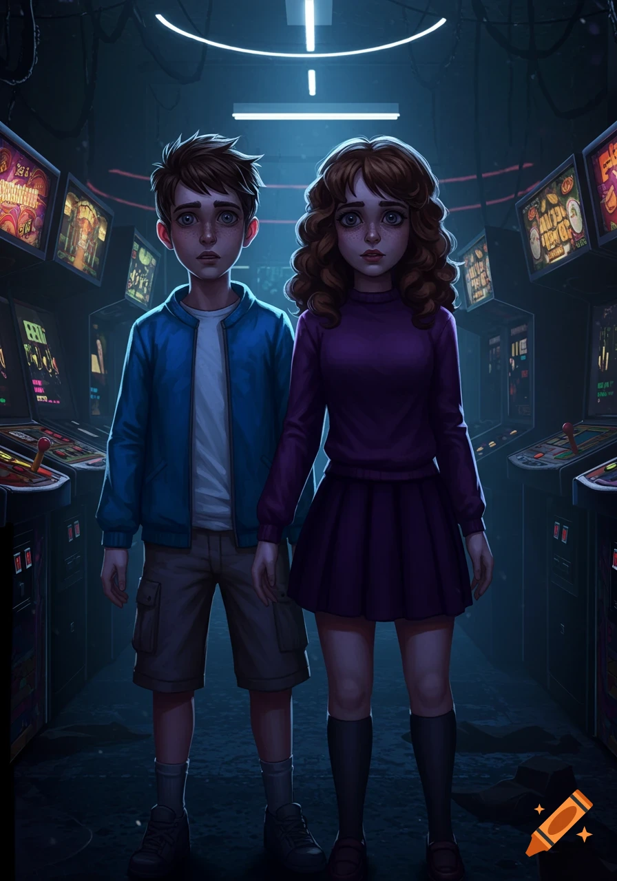 Illustration of a boy and girl with wide eyes, standing in a dimly lit arcade with neon accents and game machines.