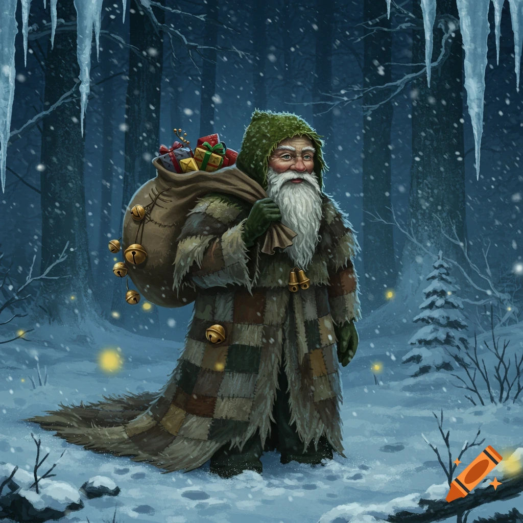 A Santa-like figure with a long white beard and a patched, hooded cloak carries a sack of gifts through a snowy, moonlit forest, digital painting.