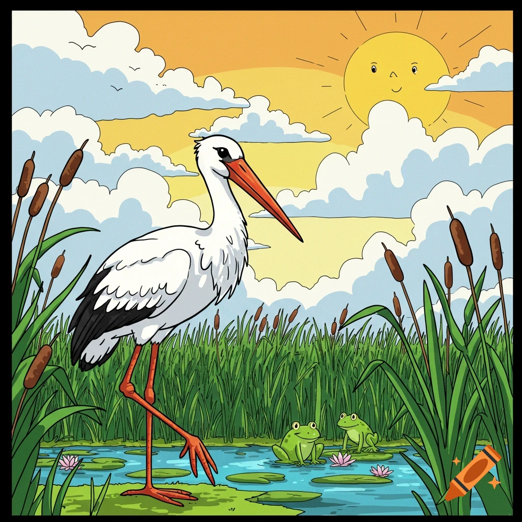 A colorful comic-style illustration of a stork standing in a pond with two green frogs, cattails, water lilies, and a smiling sun in the sky.