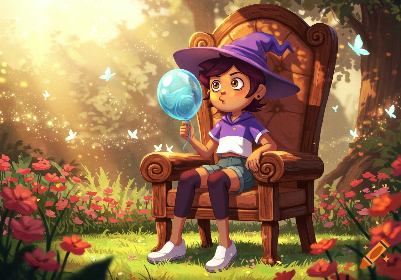 Luz Noceda in a witch's hat sits in a wooden chair, holding a blue balloon in a sunlit magical forest with butterflies and red flowers. Animated style.