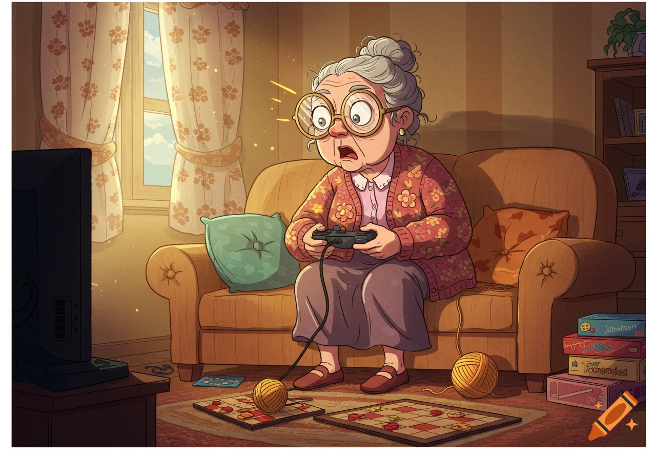 A cartoon old grandmother with glasses and a cardigan plays a video game controller, looking shocked at the TV in a cozy living room.