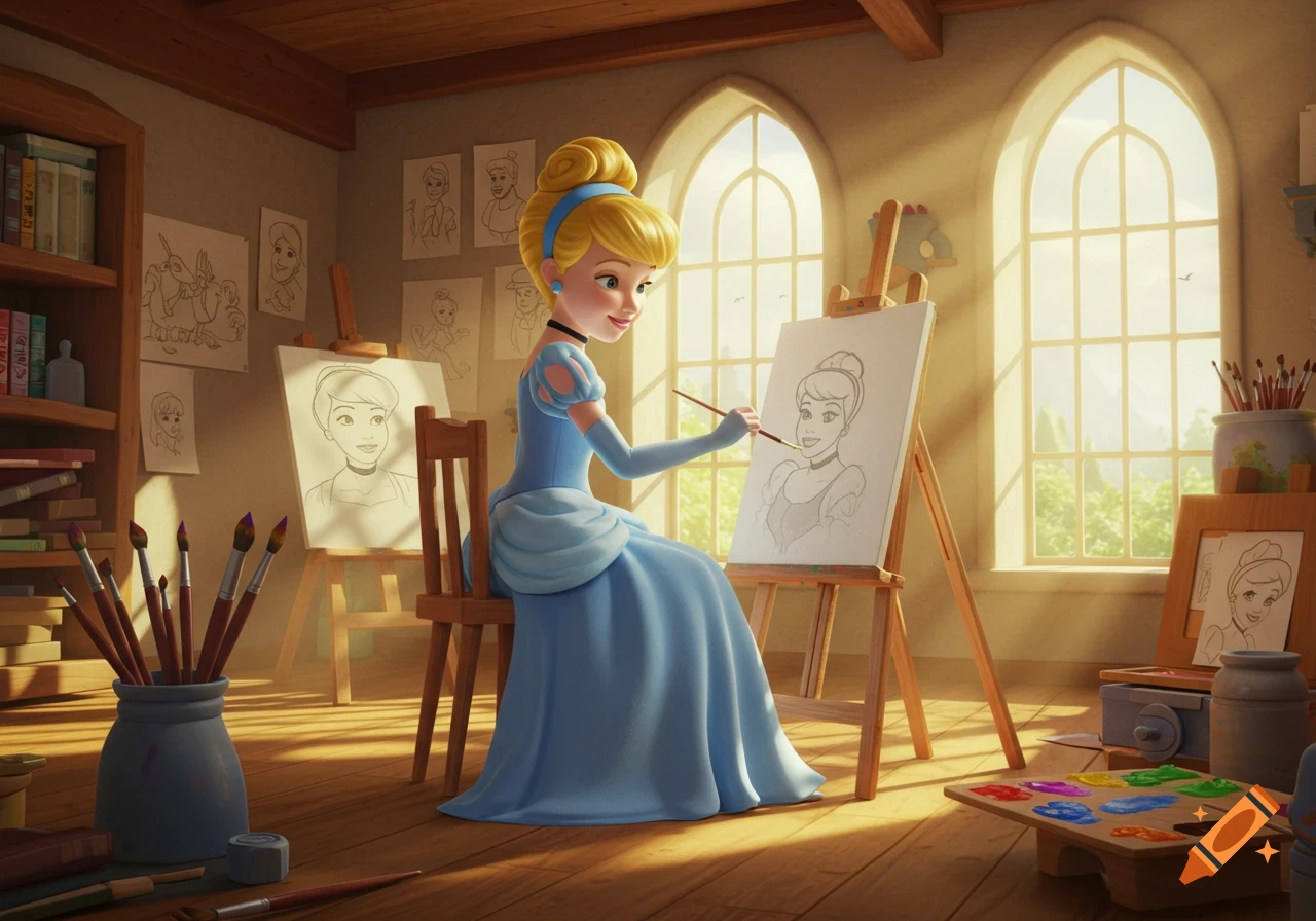 Cinderella, in a blue dress, sits on a chair drawing on an easel in a sunlit art studio, 3D cartoon illustration.