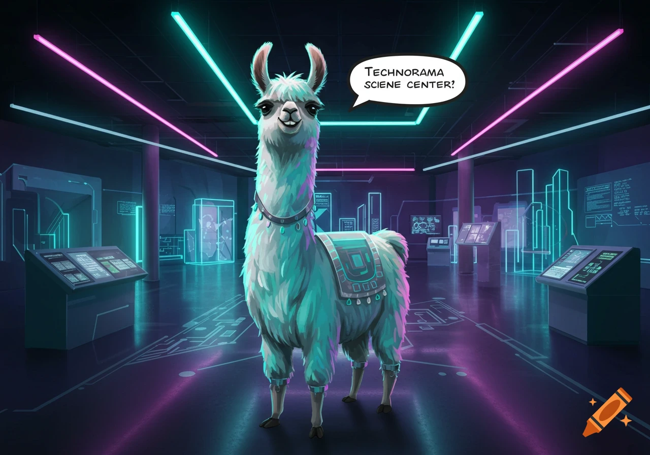 A friendly llama with a speech bubble saying "Technorama Sciene Center?" stands in a futuristic, neon-lit science museum.