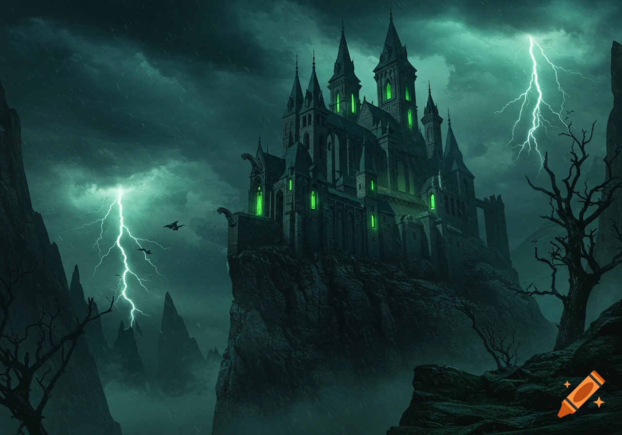 A dark, gothic castle with glowing green windows on a rocky cliff under a stormy sky with lightning strikes and bare trees.