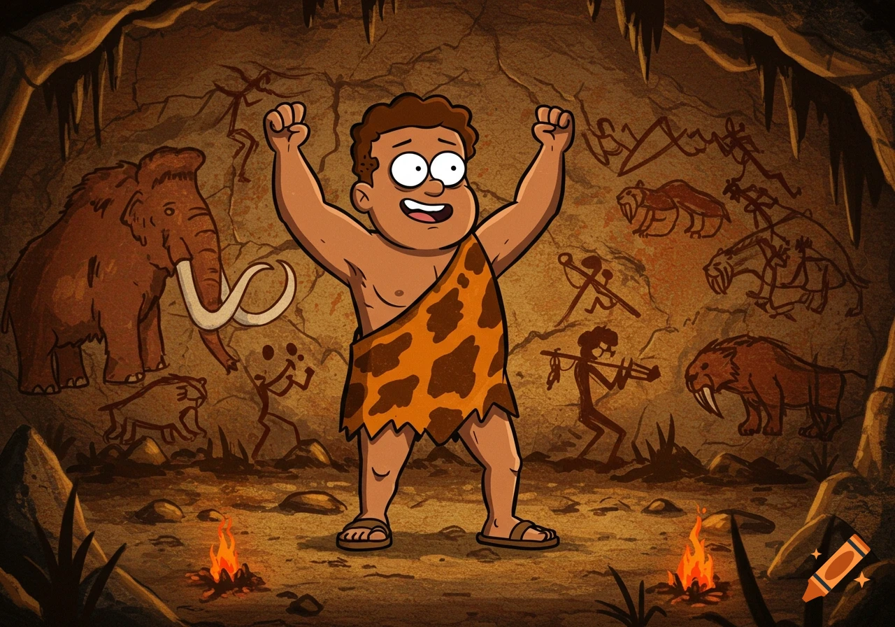 A happy cartoon caveman celebrates in a cave filled with prehistoric paintings of mammoths and saber-toothed tigers, with two campfires.