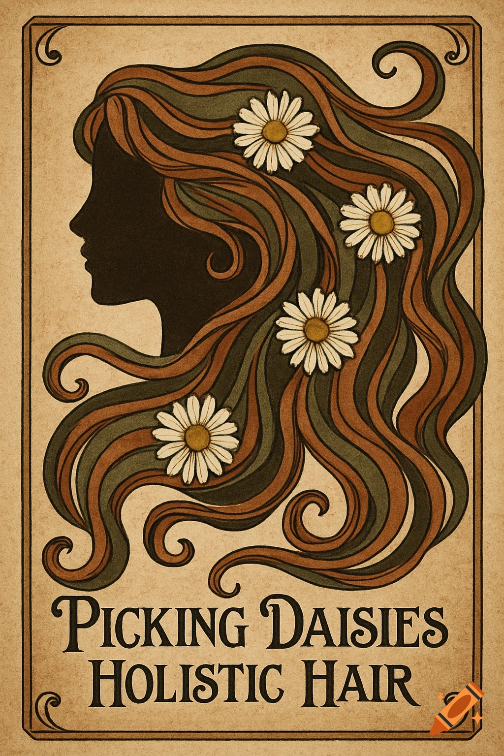Stylized graphic poster of a woman's silhouette, flowing earthy-toned hair with daisies. Text: 'Picking Daisies Holistic Hair'.