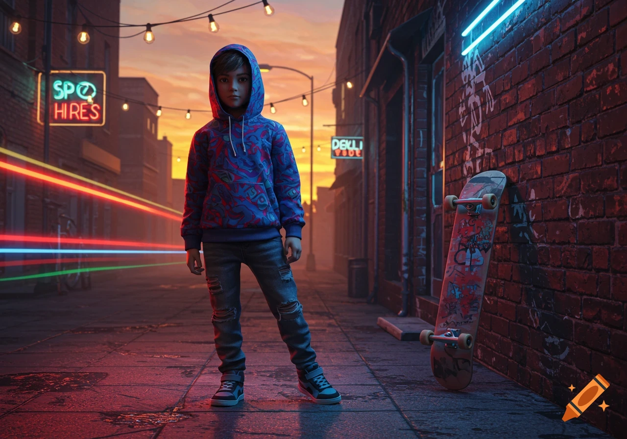 A cool kid in a blue and red hoodie and ripped jeans stands on a city street at sunset, next to a skateboard leaning against a brick wall.