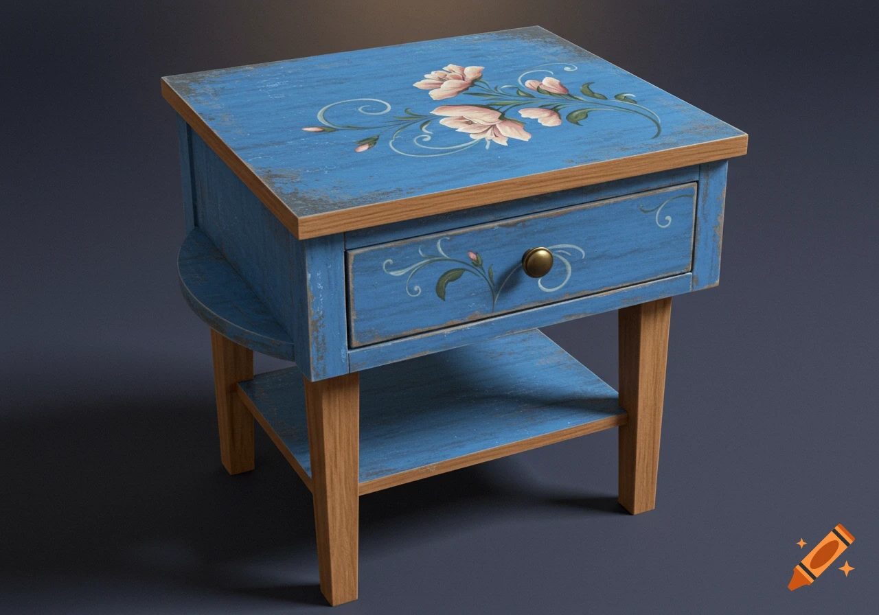 A blue distressed nightstand with a drawer, a bottom shelf, and pink floral paintings on a dark background.