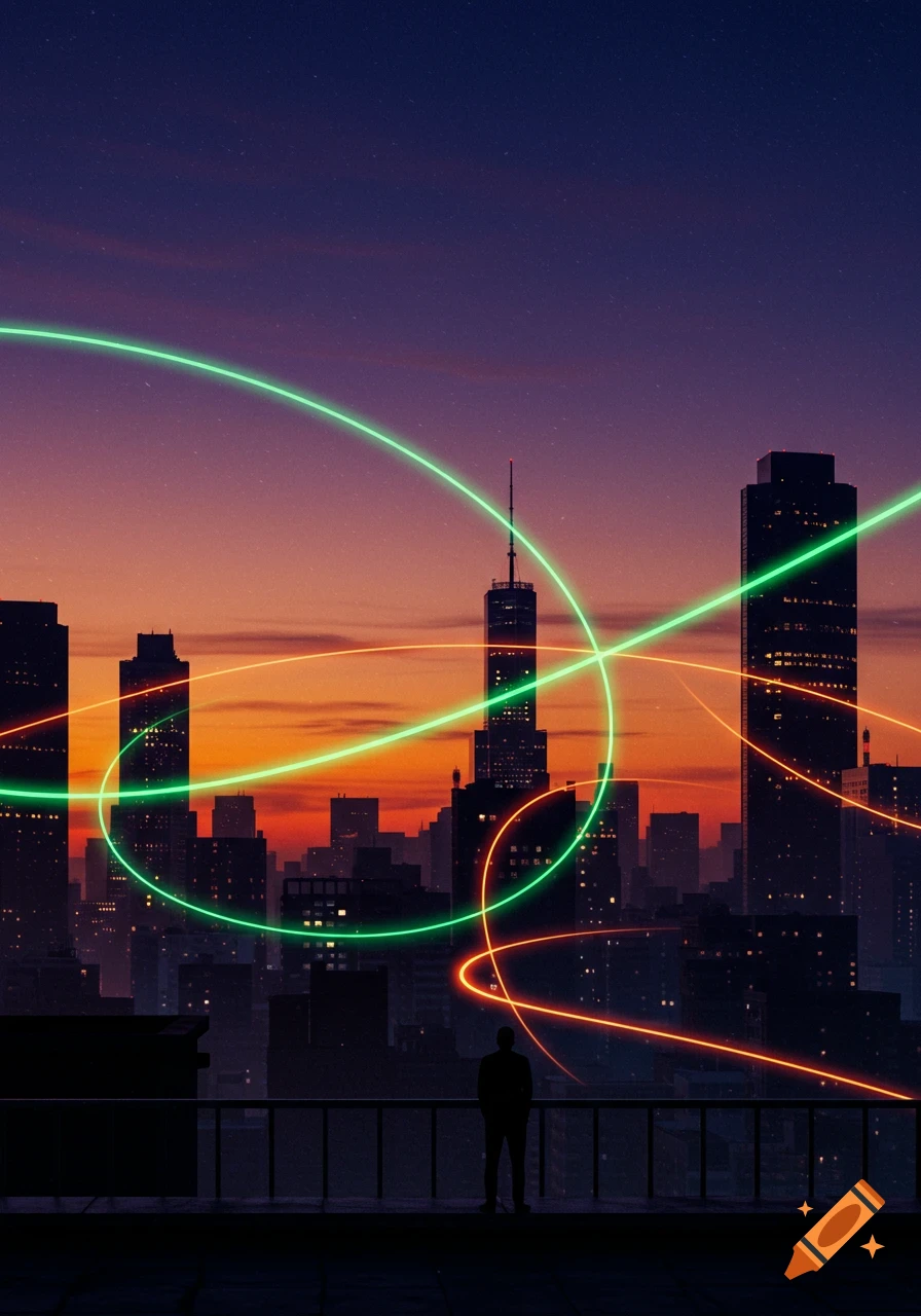A lone person stands on a rooftop overlooking a vibrant city skyline at dusk, with neon green and orange light trails crossing the sky.