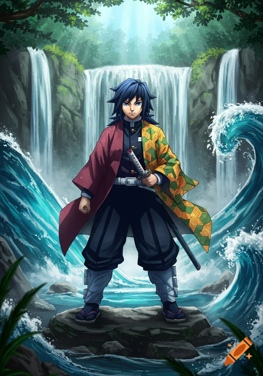 Anime character Giyu Tomioka stands in a river with waterfalls and waves. He wears a red and geometric green-yellow haori.