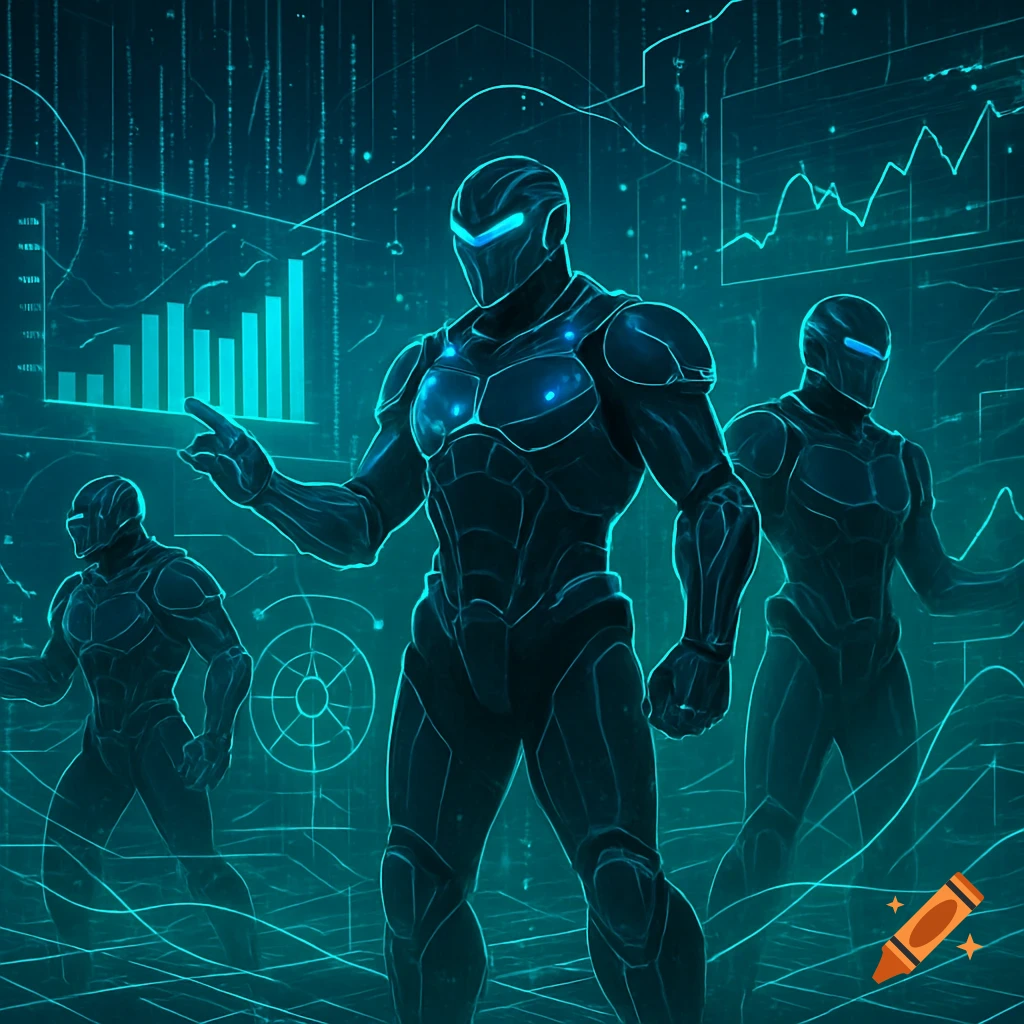 Three armored figures with glowing blue visors stand in a neon digital landscape with data graphs and lines.