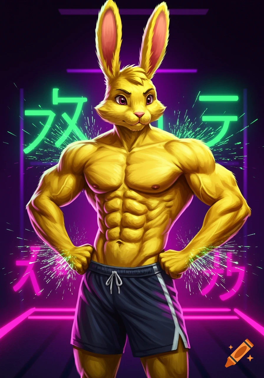 A muscular yellow anthropomorphic rabbit stands with hands on hips, illuminated by neon green and pink lights against a dark background.