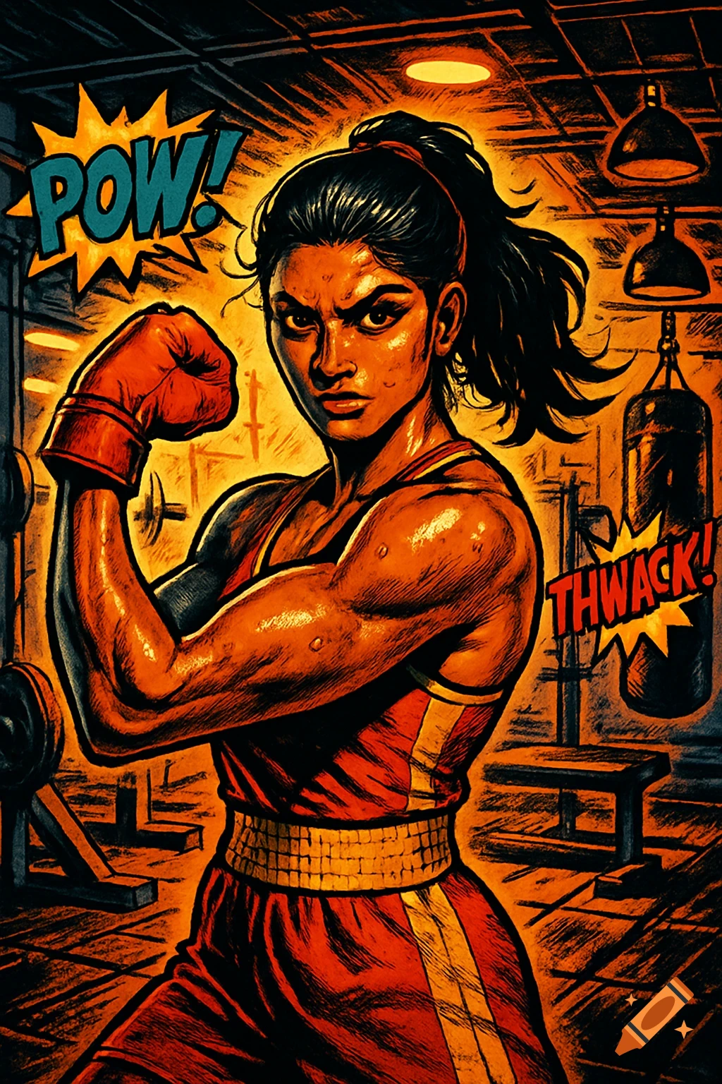 Vibrant comic book style illustration of a Hindi female boxer flexing her bicep in a gym, with 'POW!' and 'THWACK!' text.