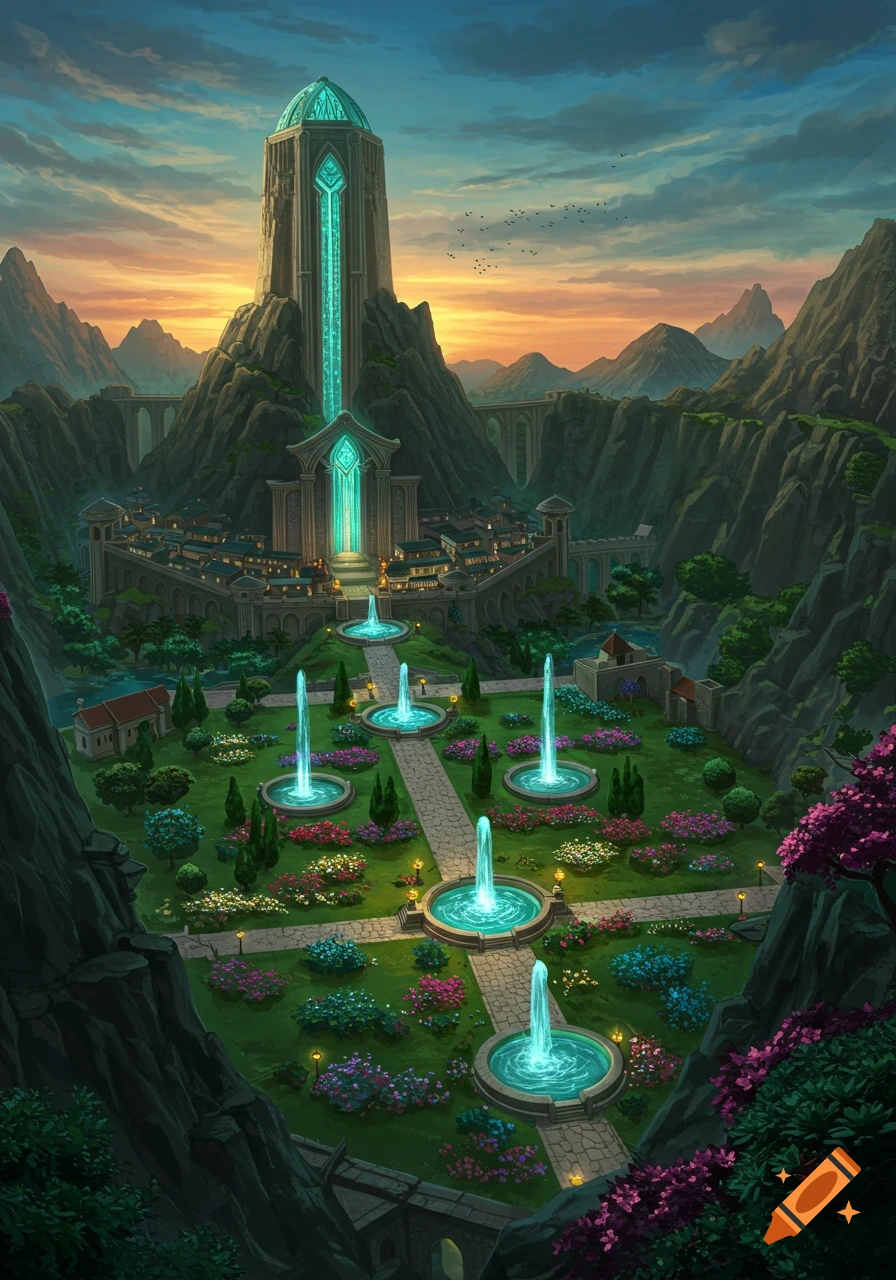An epic fantasy cityscape with a glowing tower and ornate gardens nestled in a mountain caldera at sunset.