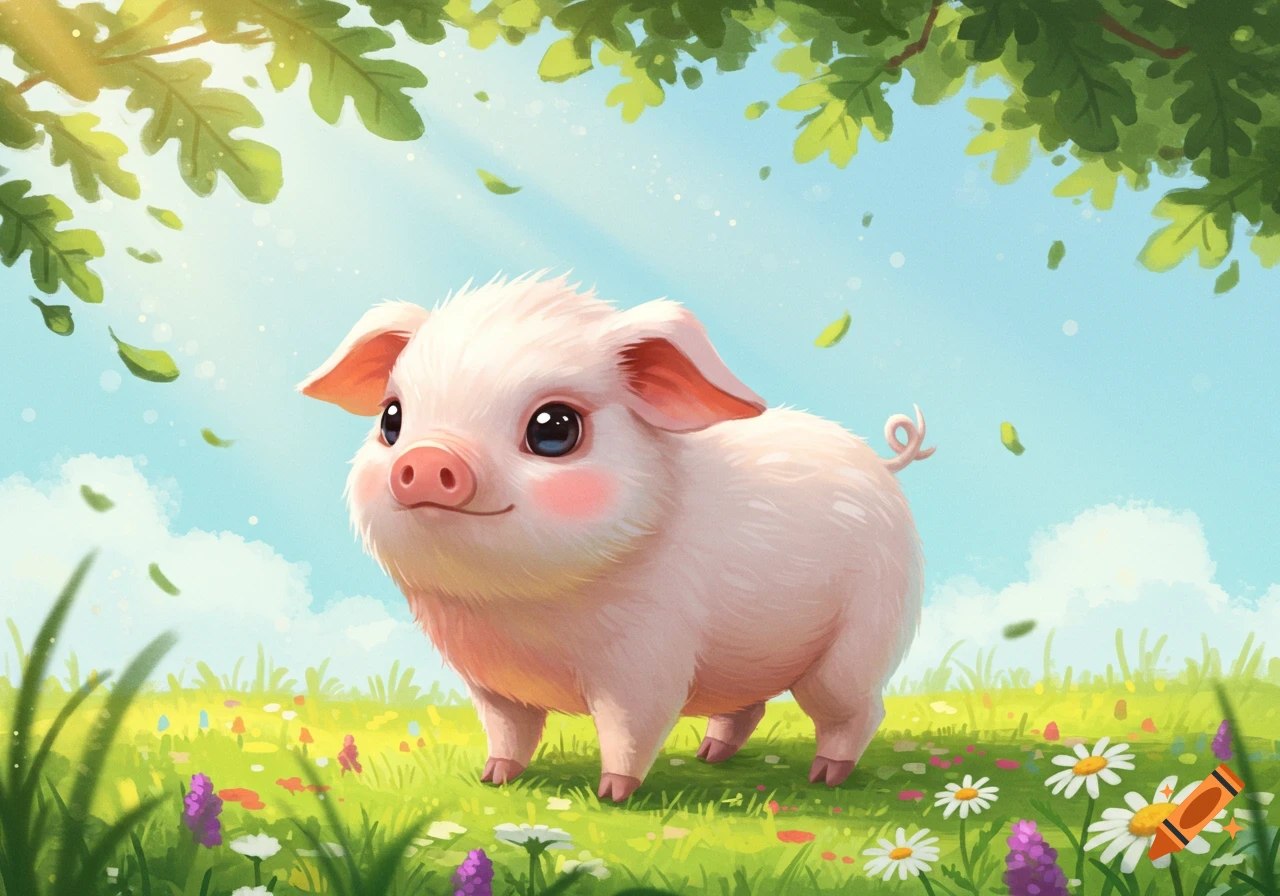 A cute, pink cartoon piglet stands smiling in a sunny green meadow with colorful flowers and tree leaves overhead.