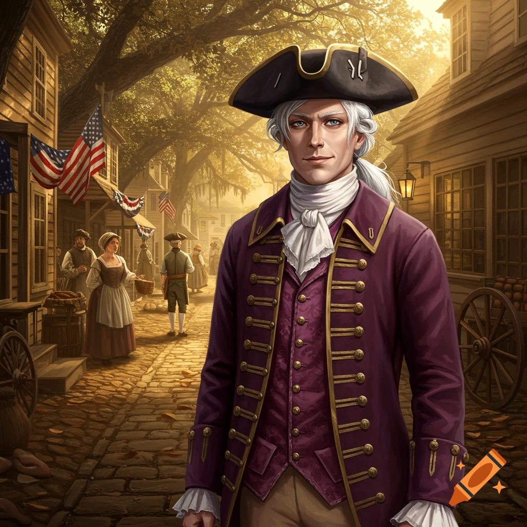 A white-haired man in a purple colonial coat and tricorn hat stands on a cobblestone street in a bustling colonial town.