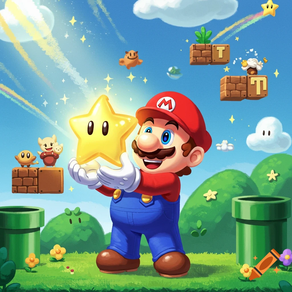 Super Mario holds a glowing yellow star, surrounded by other characters and items from the game, set against a bright blue sky with clouds and a rainbow. The style is a vibrant, detailed cartoon illustration.