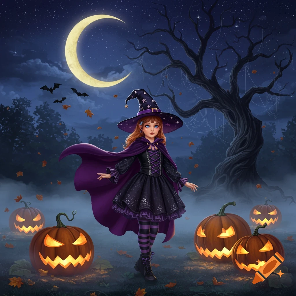 A young witch in a purple and black costume stands among glowing jack-o'-lanterns under a crescent moon and spooky tree on Halloween night.