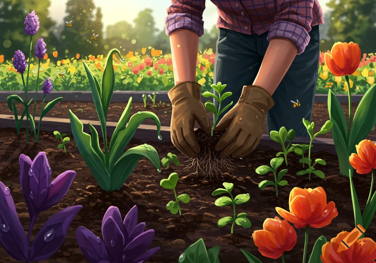 A person in brown gloves plants a green seedling in a sunny garden bed, surrounded by colorful flowers and flying bees in an illustrated style.