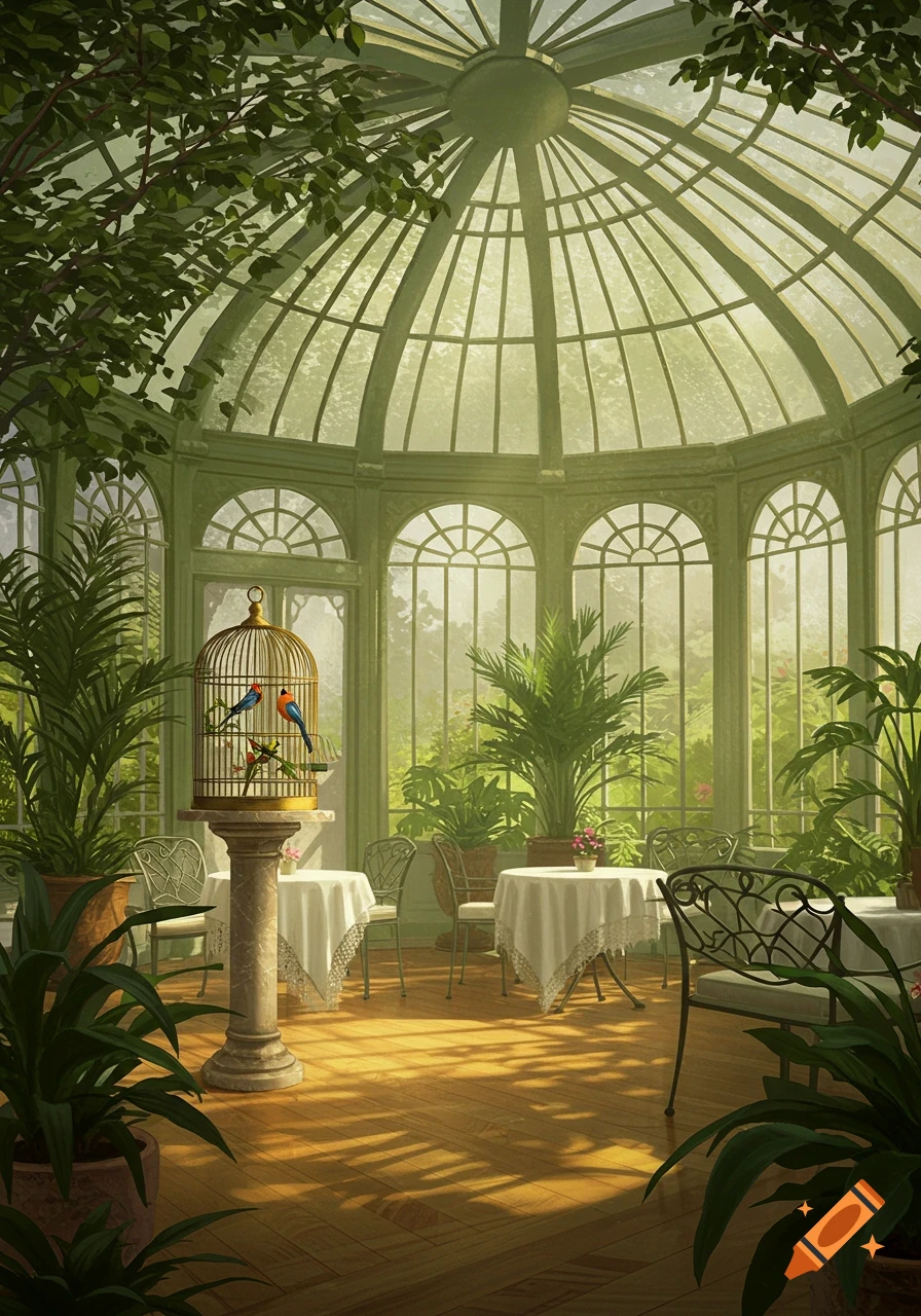 Victorian conservatory interior with a glass dome, lush green plants, elegant tables, and a birdcage with colorful birds.